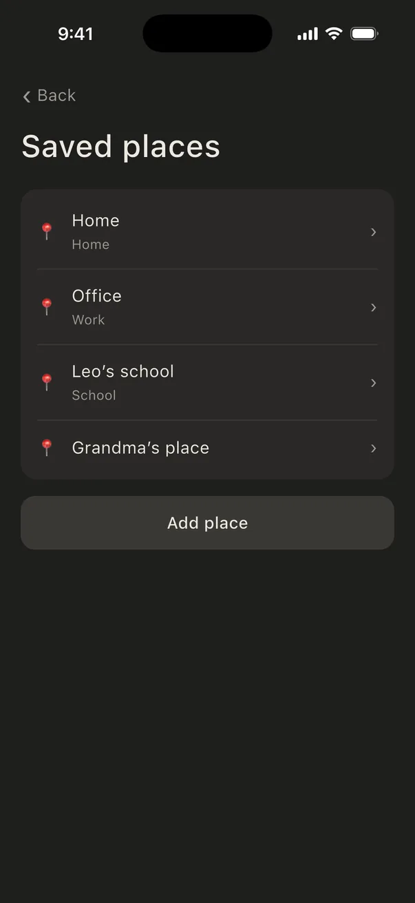 Saved places: home, office, school