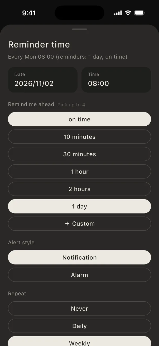 Reminder time: repeat and early reminders